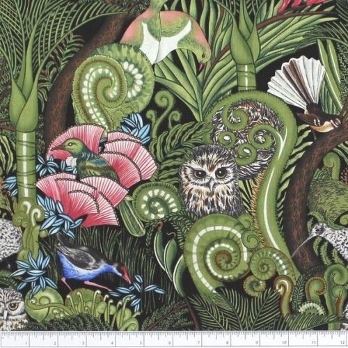 Picture of Fat Qtr NZ Kiwiana Forest Birds - Onyx